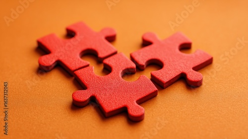 Three Red Puzzle Pieces Align on Orange Surface, Indicating Connection and Completion