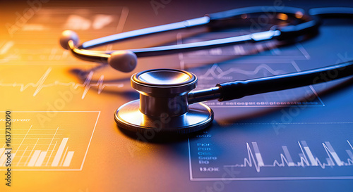 A stethoscope rests on a data-rich surface, featuring graphs and medical metrics, symbolizing healthcare and data analysis.