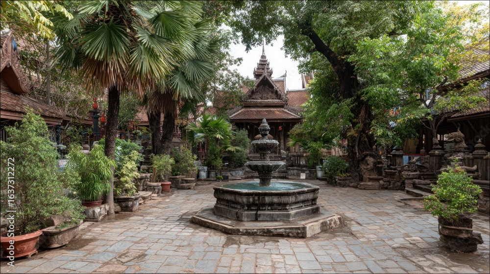 Antique courtyard garden with fountain Antique courtyard garden with fountain