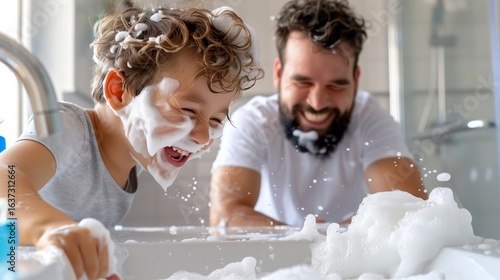 Smiling father bonding with child, blowing soap bubbles, sharing playful laughter in clean, contemporary bathroom setting