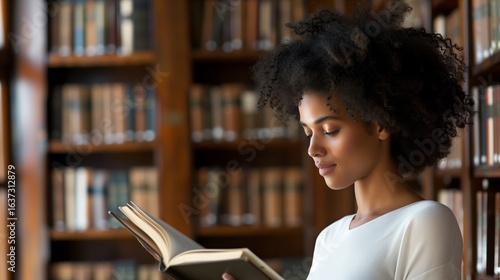 Young Black female student reading book, deeply absorbed in quiet library setting, surrounded by academic literature and knowledge rich environment