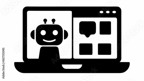 Illustration of a laptop screen displaying a chatbot with a smiling face and message bubbles on the right side | editable eps vectors silhouette