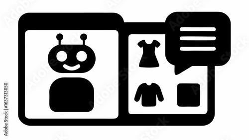 Black and white image showing a chatbot window with clothing options and a speech bubble icon shown | editable eps vectors silhouette