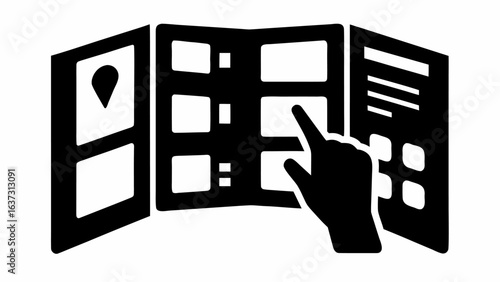 Hand interacting with a trifold brochure displaying information and a location pin in black and white | editable eps vectors silhouette