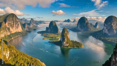 A panoramic view showcases iconic karst limestone peaks emerging from a tranquil river, shrouded in ethereal morning mist. A beautiful, serene, and mystical natural wonder.