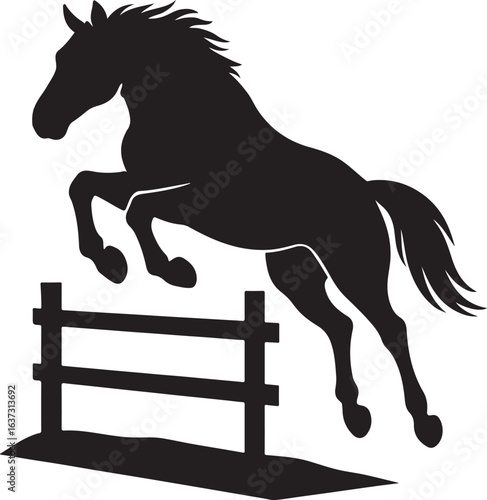 Dynamic black horse silhouette captured in mid jump action