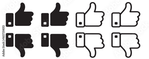 Like dislike icon set, thumbs up, thumbs down, rating, feedback, approval, disapproval, vote, social media, user interface, UI UX element, isolated vector