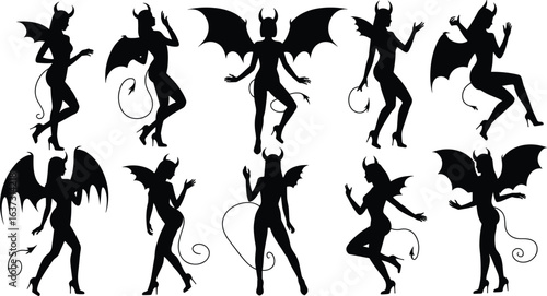 Sexy devil woman silhouettes with horns wings and tail in various poses for fantasy art Halloween costume design flat vector illustration