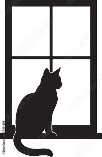High resolution black silhouette of a cat sitting on a windowsill