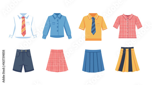 Top angle view of a series of different school uniforms arranged neatly, showcasing various styles, colors, and designs, ideal for education, fashion, student life, and cultural diversity concepts 