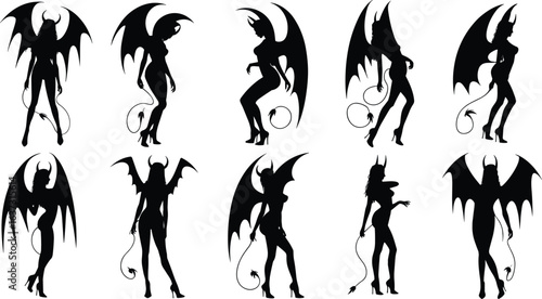 Silhouettes of seductive demon women with wings, horns, and tails in various poses, isolated on white background for fantasy, Halloween, flat vector illustration