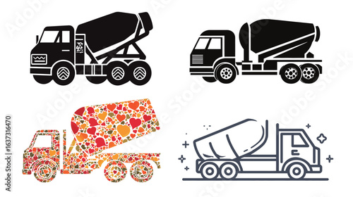 Vector icon of a concrete mixer truck featuring clean lines and simple shapes, designed for construction, building, industrial, and transportation themes, ideal for use in technical diagrams, safety 