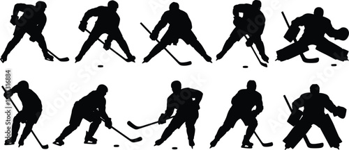 Silhouette ice hockey players in various action poses with sticks and pucks, sports athlete illustration, competitive game scene, flat vector illustration