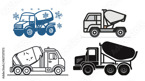 Vector icon of a concrete mixer truck featuring clean lines and simple shapes, designed for construction, building, industrial, and transportation themes, ideal for use in technical diagrams, safety 