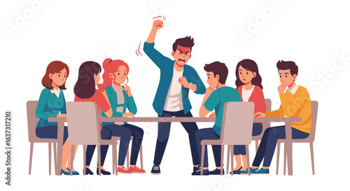 Angry business leader confronting team during meeting, conflict at workplace, stress concept