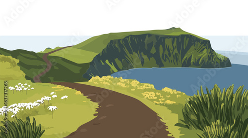 Very beautiful path along a volcano crater surrounded by lush green vegetation, showcasing a striking contrast between volcanic rock and vibrant nature, ideal for landscapes, hiking, adventure, 