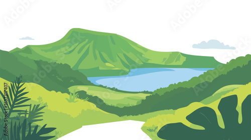 Very beautiful path along a volcano crater surrounded by lush green vegetation, showcasing a striking contrast between volcanic rock and vibrant nature, ideal for landscapes, hiking, adventure, 