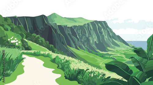 Very beautiful path along a volcano crater surrounded by lush green vegetation, showcasing a striking contrast between volcanic rock and vibrant nature, ideal for landscapes, hiking, adventure, 