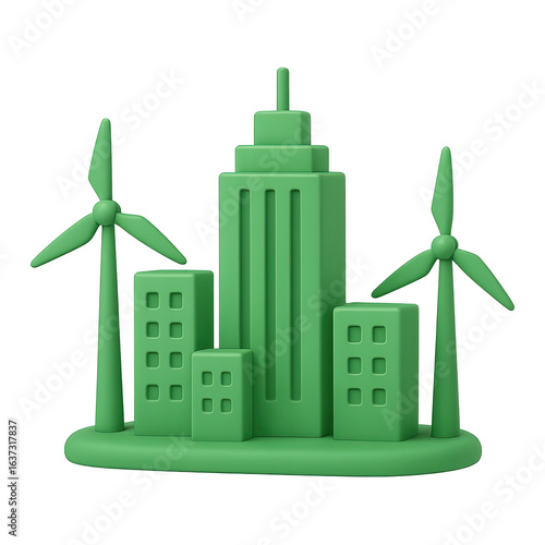 Isolate transparent green city skyline with wind turbines PNG minimal 3D eco city skyline with wind turbines PNG die-cut for advertising