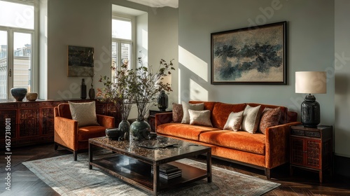 Wallpaper Mural Bold orange tones in living room set up with sculptural decoration, coffee table and dark wood sideboard. Torontodigital.ca