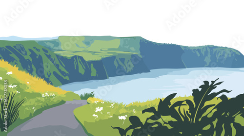 Very beautiful path along a volcano crater surrounded by lush green vegetation, showcasing a striking contrast between volcanic rock and vibrant nature, ideal for landscapes, hiking, adventure, 