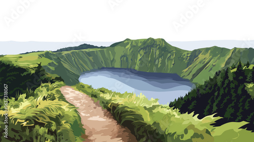 Very beautiful path along a volcano crater surrounded by lush green vegetation, showcasing a striking contrast between volcanic rock and vibrant nature, ideal for landscapes, hiking, adventure, 