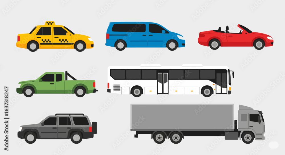 Naklejka premium Flat cars set. Taxi and minivan, cabriolet and pickup. Bus and suv, truck. Urban, city cars and vehicles transport vector flat icons. Cabriolet and truck, car and bus, automobile pickup illustration 