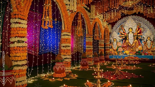 Ornate idol of Hindu Goddess Durga in a pandal during a festival. The scene is lavishly decorated with marigold flower garlands, fairy lights, and traditional oil lamps.
