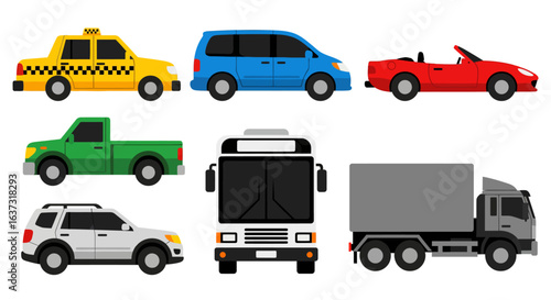Flat cars set. Taxi and minivan, cabriolet and pickup. Bus and suv, truck. Urban, city cars and vehicles transport vector flat icons. Cabriolet and truck, car and bus, automobile pickup illustration 