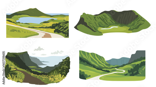 Very beautiful path along a volcano crater surrounded by lush green vegetation, showcasing a striking contrast between volcanic rock and vibrant nature, ideal for landscapes, hiking, adventure, 