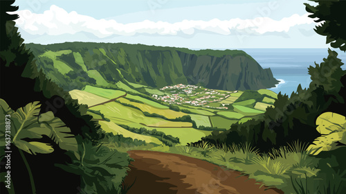 Very beautiful path along a volcano crater surrounded by lush green vegetation, showcasing a striking contrast between volcanic rock and vibrant nature, ideal for landscapes, hiking, adventure, 