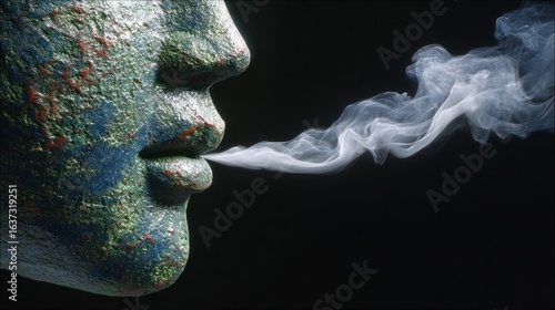 Wallpaper Mural Textured face profile exhales swirling white smoke against a dark background Torontodigital.ca