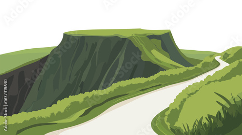 Very beautiful path along a volcano crater surrounded by lush green vegetation, showcasing a striking contrast between volcanic rock and vibrant nature, ideal for landscapes, hiking, adventure, 