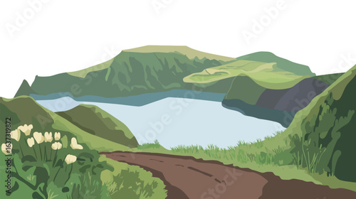 Very beautiful path along a volcano crater surrounded by lush green vegetation, showcasing a striking contrast between volcanic rock and vibrant nature, ideal for landscapes, hiking, adventure, 