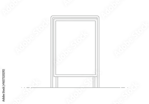 Gray outlined sign with a rectangular display area on a base sitting on a dotted ground line