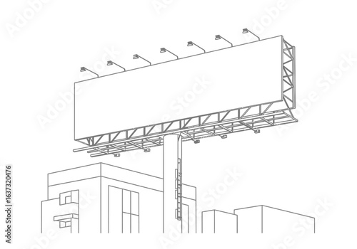 Outline drawing large billboard with multiple lights atop a building with ladders