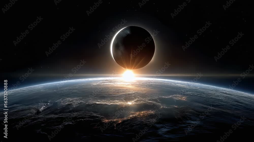 Panoramic lunar eclipse in outer space with the moon, planet earth, and bright glowing sun against a cosmic star-filled background, celestial astronomy scene of eclipse phenomenon