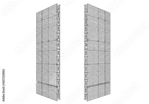 Two tall gray rectangular structures comprised of gridded squares and frames set apart on a white background