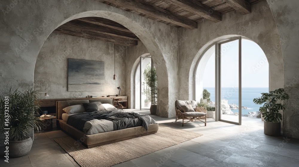 Fototapeta premium Coastal interior design of modern bedroom with arched ceiling.