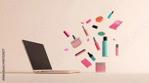 An array of cosmetics are shooting out of laptop over pale beige setting depicts buying online and real products lovely hue space, Generative AI.