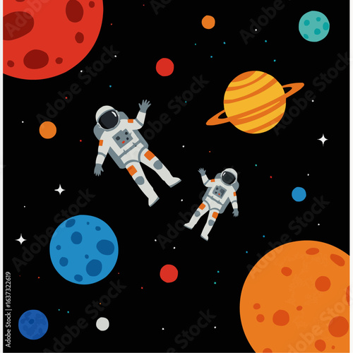 Photography Vector Illustration of Two Astronauts and Planets in Space