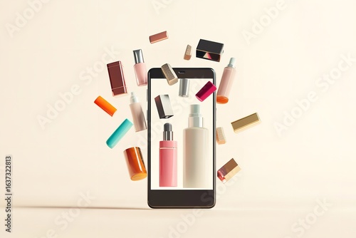 An array of cosmetics are shooting out of cell phone over pale beige setting depicting buying online and real products lovely hue, Generative AI.
