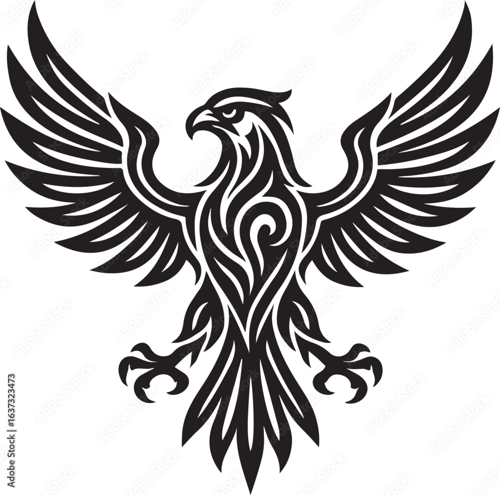 Fototapeta premium Vector tribal tattoo illustration of a flying eagle with spread wings and feathers