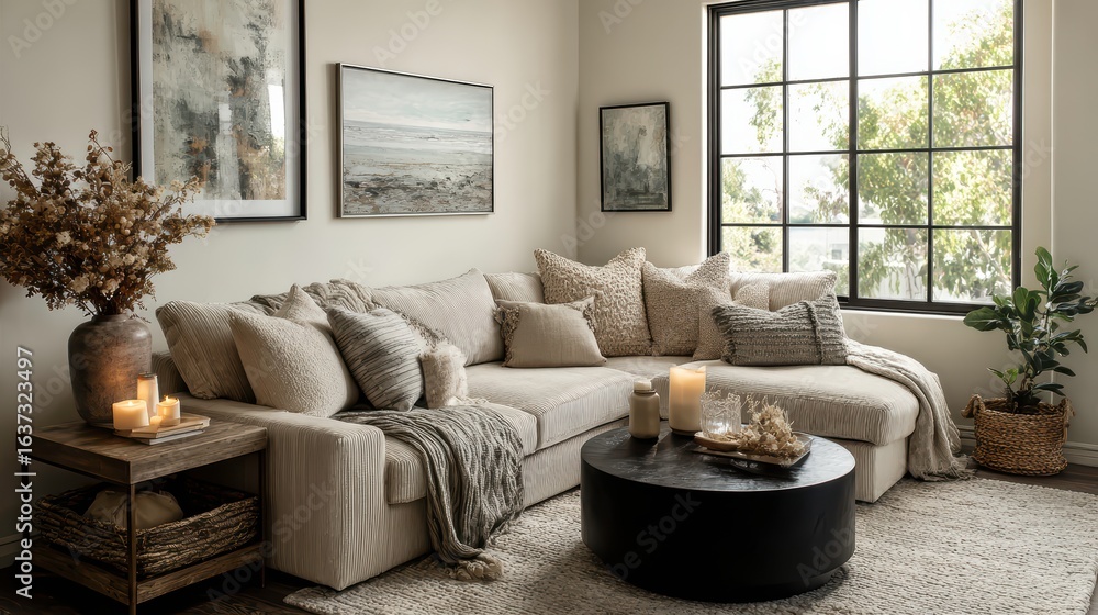 Obraz premium Contemporary neutral living room with a soft-textured sofa, black round coffee table, abstract wall art, and decorative pillows. Calm earthy color scheme.