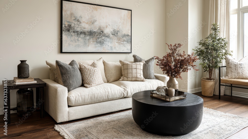 Naklejka premium Contemporary neutral living room with a soft-textured sofa, black round coffee table, abstract wall art, and decorative pillows. Calm earthy color scheme.