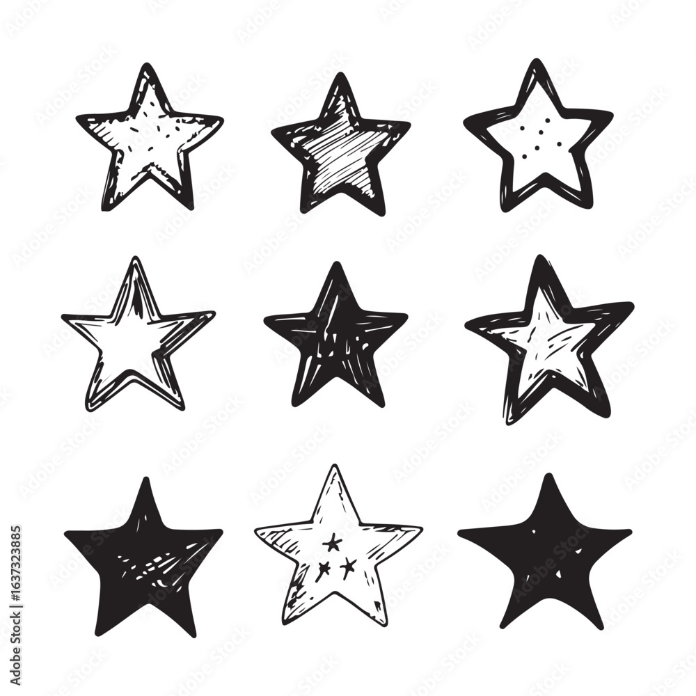 Hand drawn stars set. Doodle elements collection. Star symbols with grunge texture. Hand drawn stars set. Doodle elements collection. Star symbols with grunge texture.