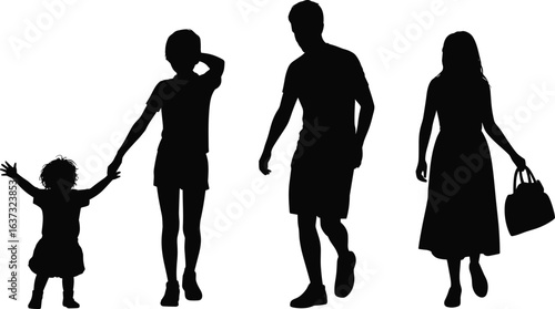 Silhouette of family walking together with a toddler, child, and two adults, showing unity, relationships, and stages of human life
