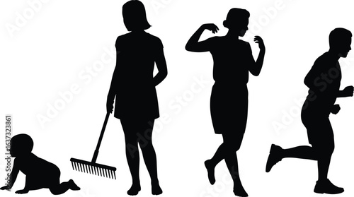 Silhouette sequence of life stages showing a crawling baby, woman standing with a rake, woman dancing, and person jogging, symbolizing growth and activity