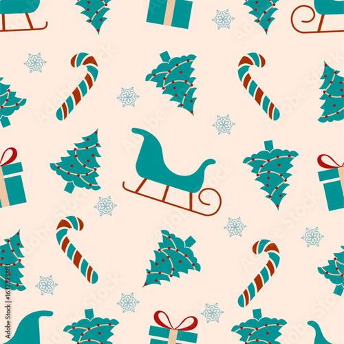 Cute seamless Christmas pattern featuring sleighs, candy canes, gift boxes, and Christmas trees on a cream background, perfect for festive textiles and holiday packaging.