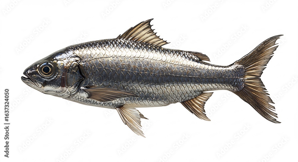 Obraz premium Silvery fish gleams brilliantly against stark white background. AI Generated